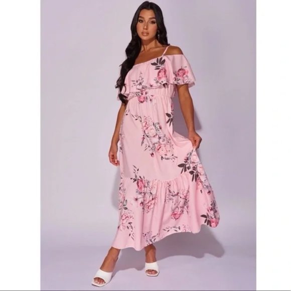 Pink Floral Print Cold Shoulder Short Sleeve Frill Detail Long Maxi Dress - Picture 7 of 11